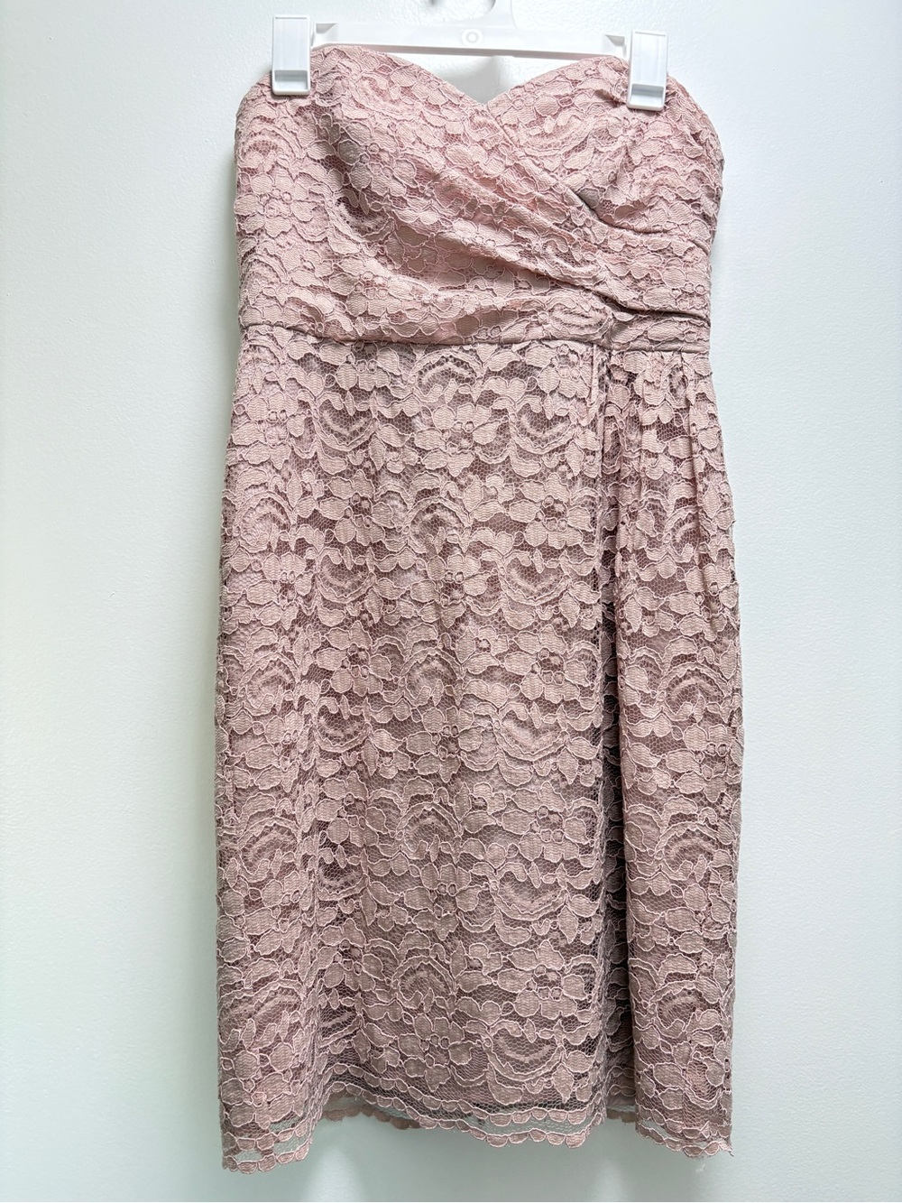 David's Bridal Strapless Lace Midi Dress in Dusty Rose Blush - coquette